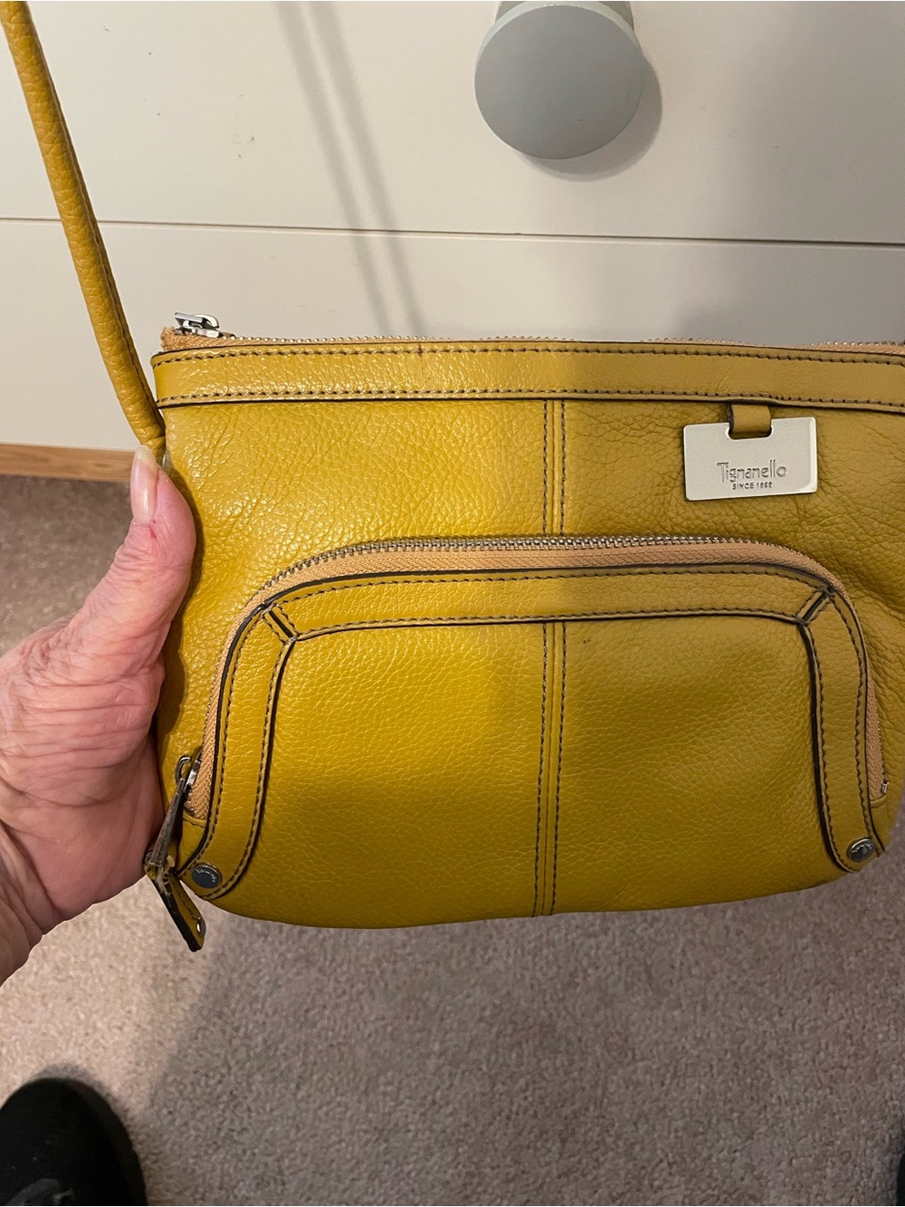 Tignanello Yellow Leather Crossbody with Front Zip Pocket 7”x9”